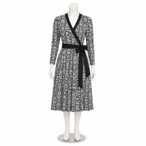 New Tahari Jill Dress Womens Med Black White Medallion Print Lg Sleeve Wrap Midi